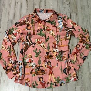 Retro Cowgirl Long Sleeve Button Down Small